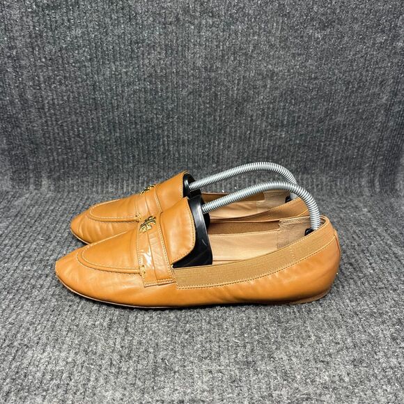 Tory Burch Ballet Loafer Flats Slip On Brown Leather Gold Logo Women’s 10 M - Picture 3 of 9